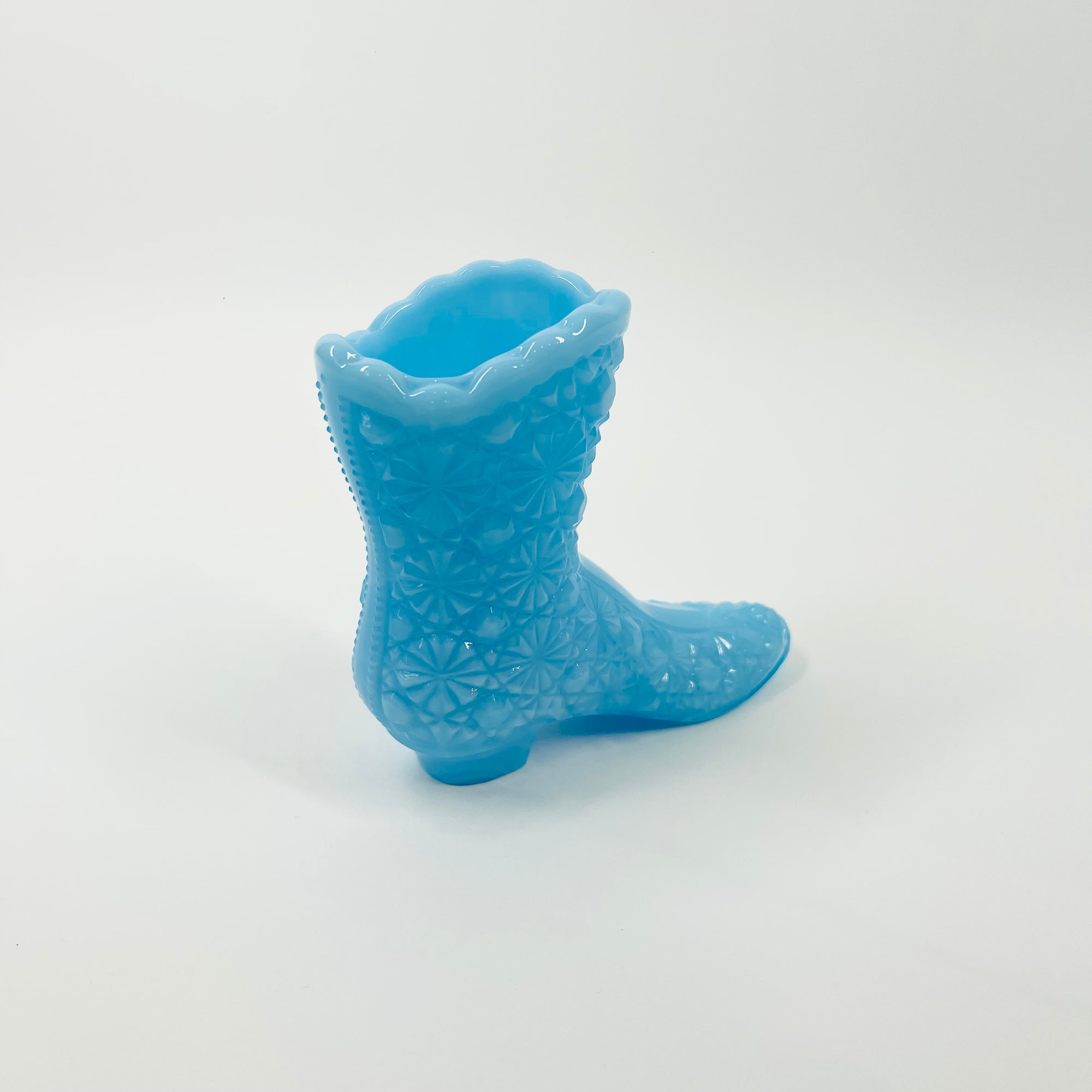 1940s FENTON PRESSED COLOUR MILK GLASS BOOT/MINI VASE