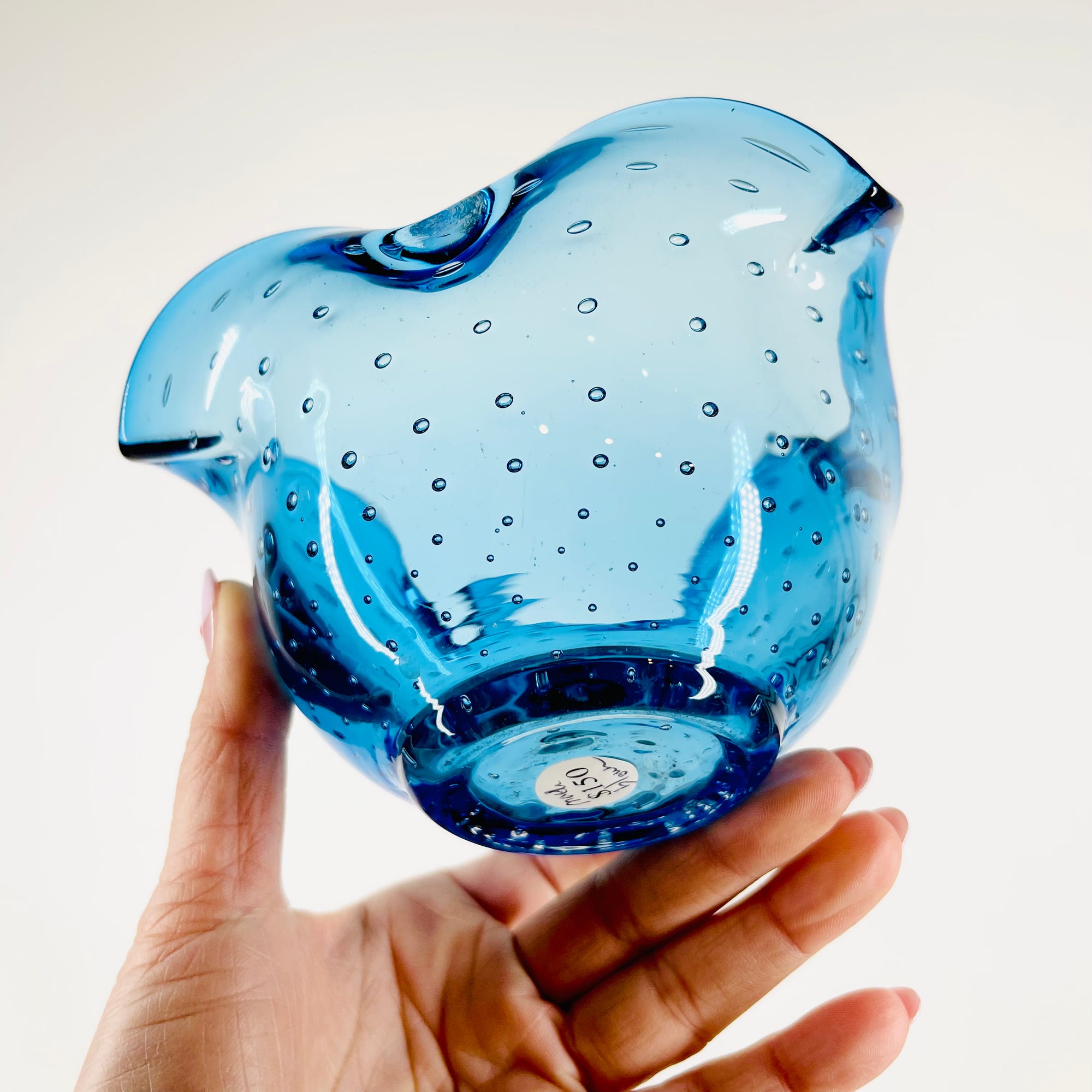 1950s MURANO BLUE GLASS PINCHED BOWL/ASHTRAY WITH CONTROLLED BUBBLES