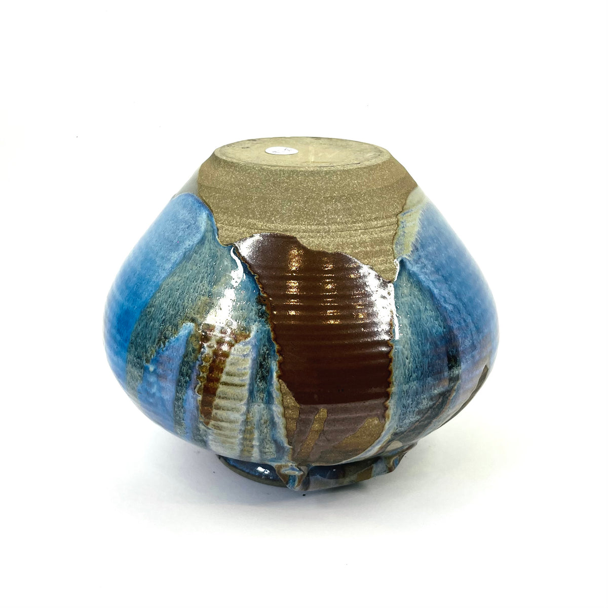 1980s AUSTRALIAN BLUE BROWN GLAZED POTTERY AMPHORA VASE