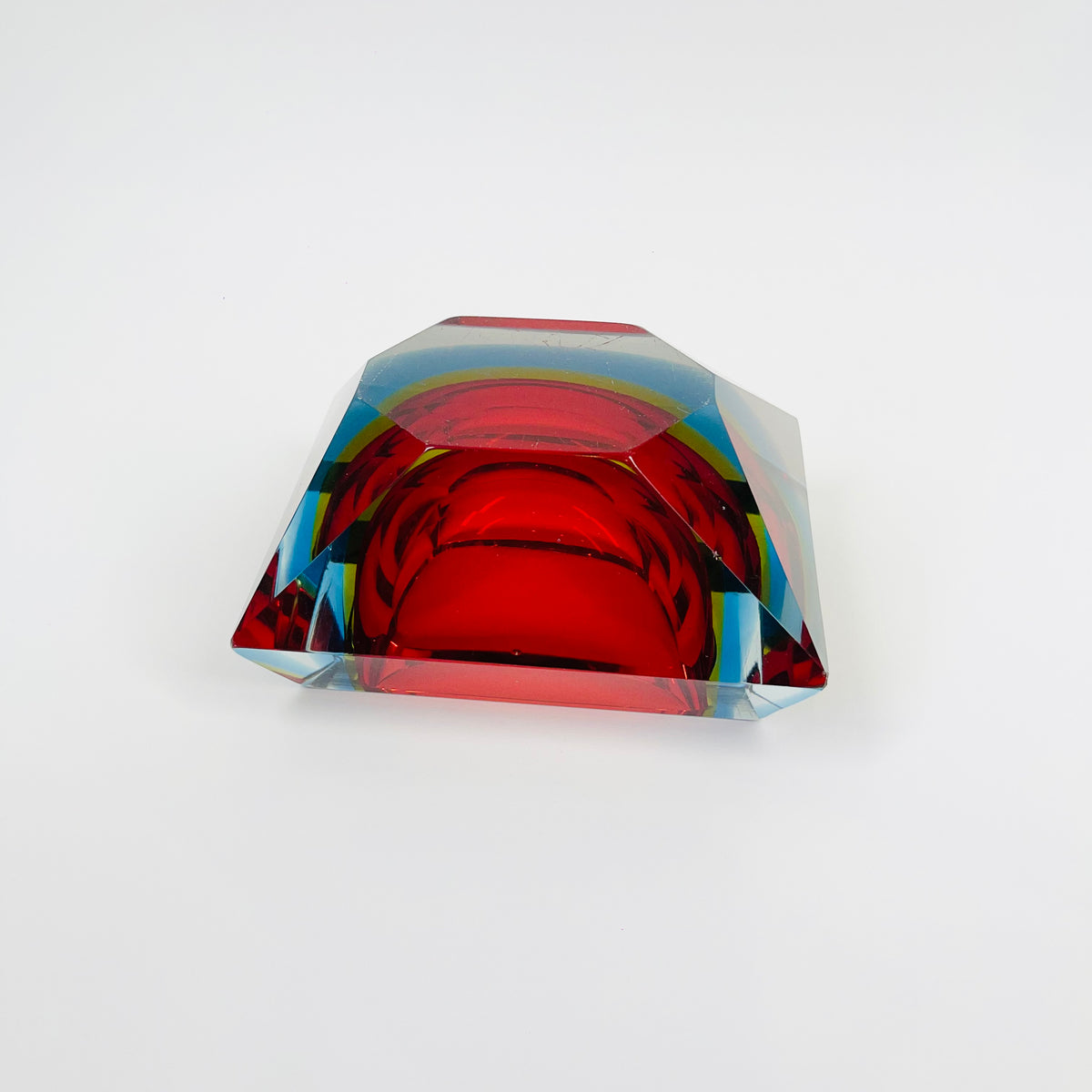 1950s MURANO RUBY BLUE YELLOW SOMMERSO FACETED RECTANGULAR GLASS BOWL