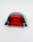 1950s MURANO RUBY BLUE YELLOW SOMMERSO FACETED RECTANGULAR GLASS BOWL