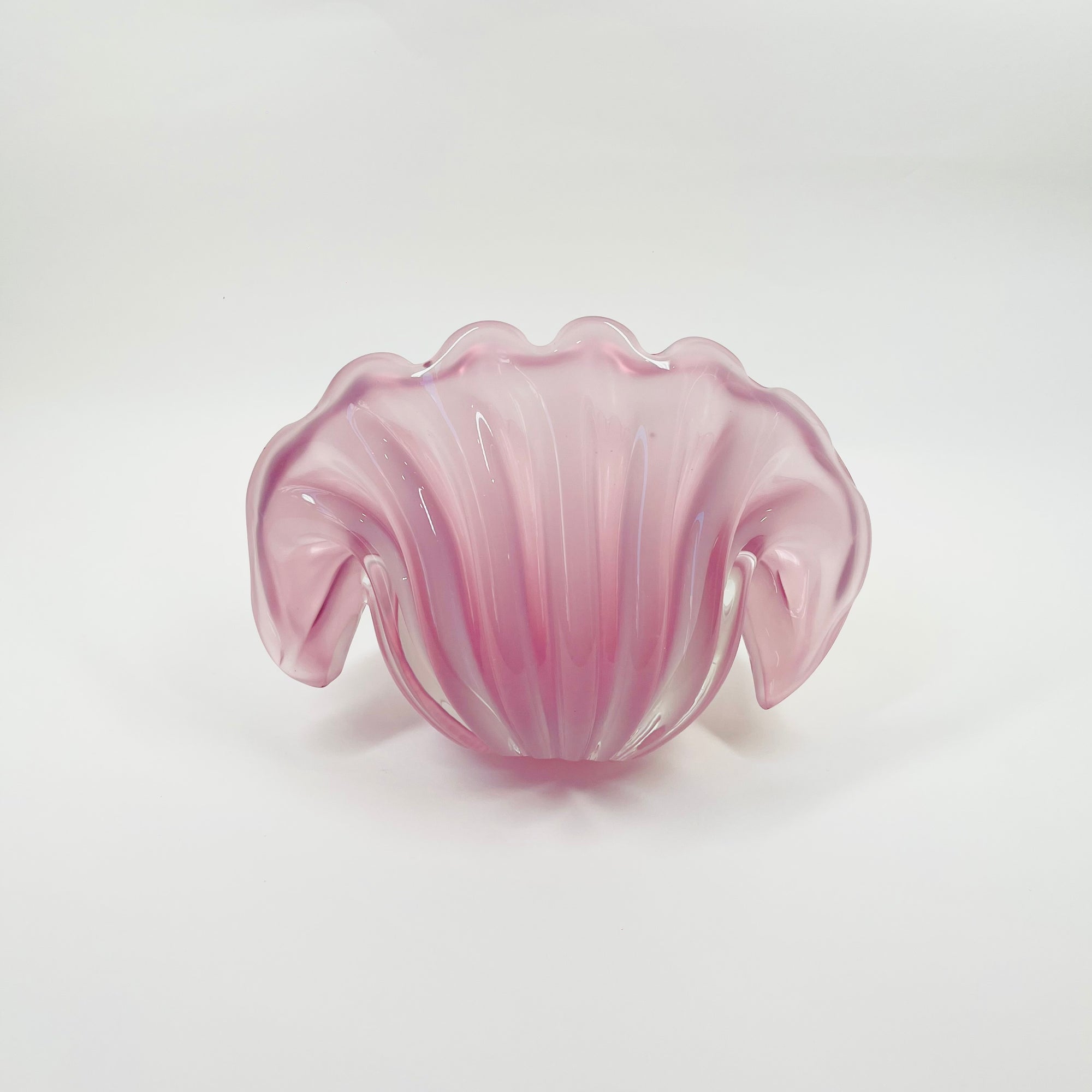 1950s PINK MURANO RIBBED OPALINE GLASS SHELL BOWL (MEDIUM)