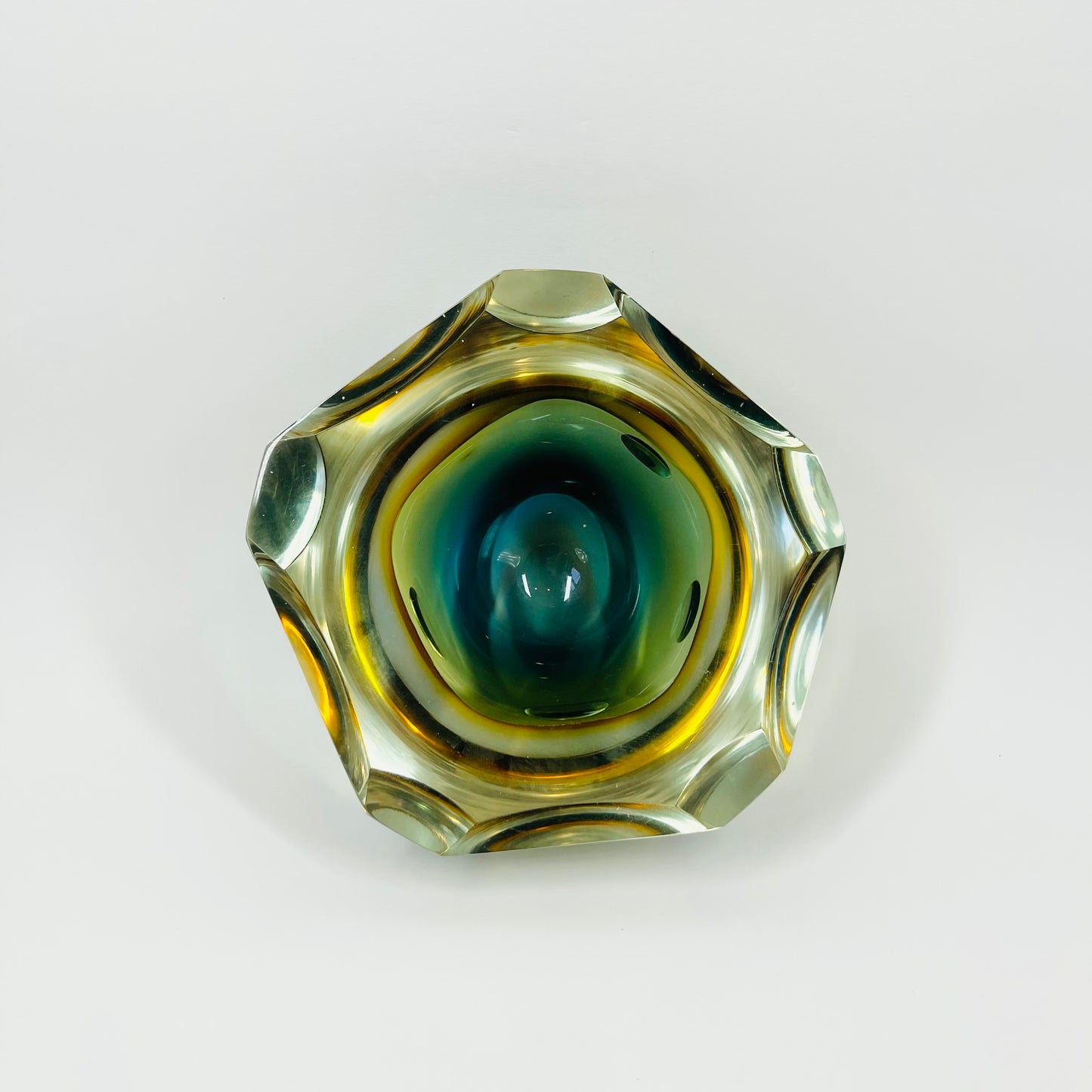 1950s BLUE TEAL GOLD MURANO SOMMERSO FACETED GLASS BOWL