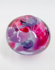 1980s AUSTRALIAN MOUTH BLOWN PINK PURPLE SPATTER ART GLASS SQUAT VASE BY STEPHEN MORRIS