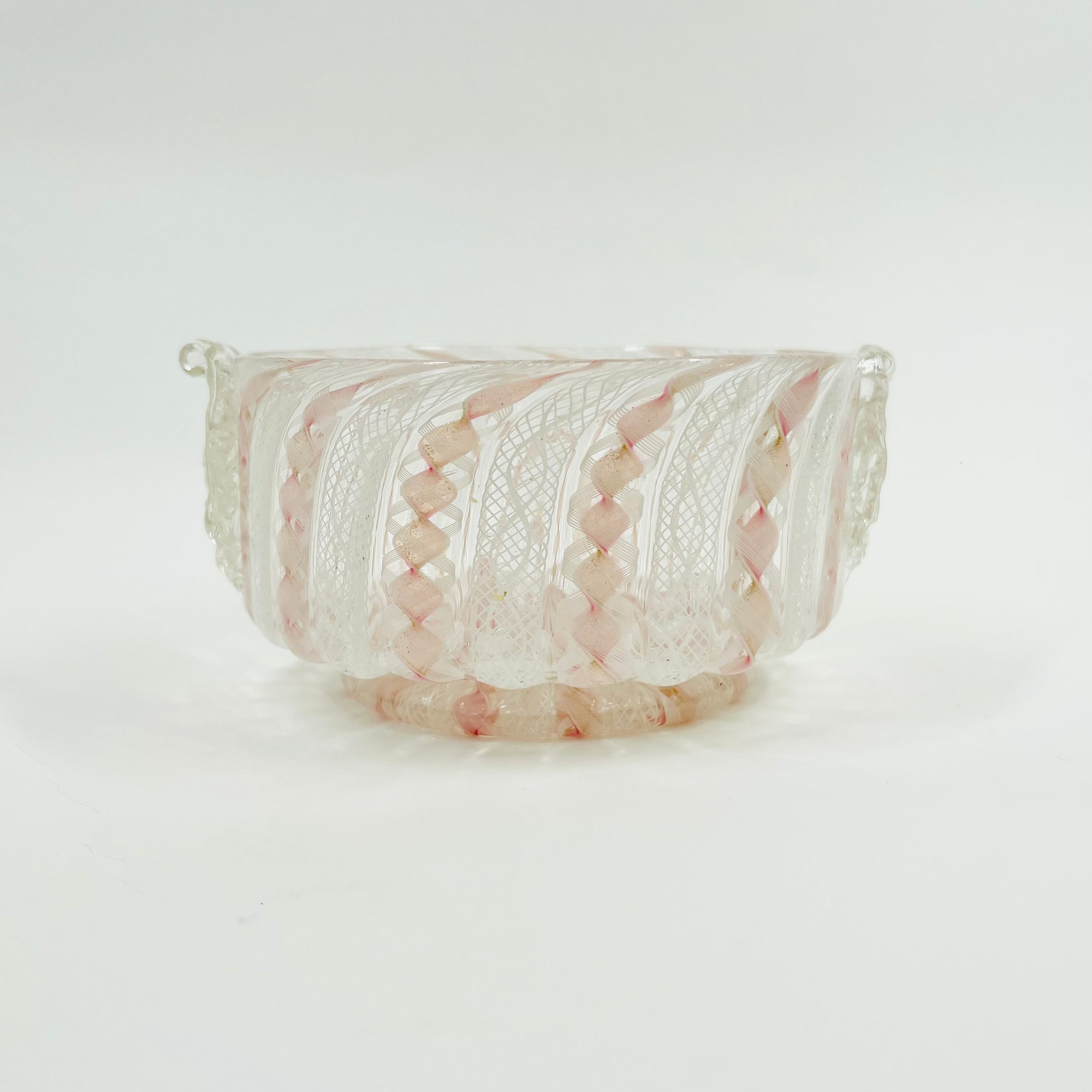 ANTIQUE PINK ZANFIRICO &amp; LATTICINO GLASS PINCHED BOWL &amp; MATCHING PLATE