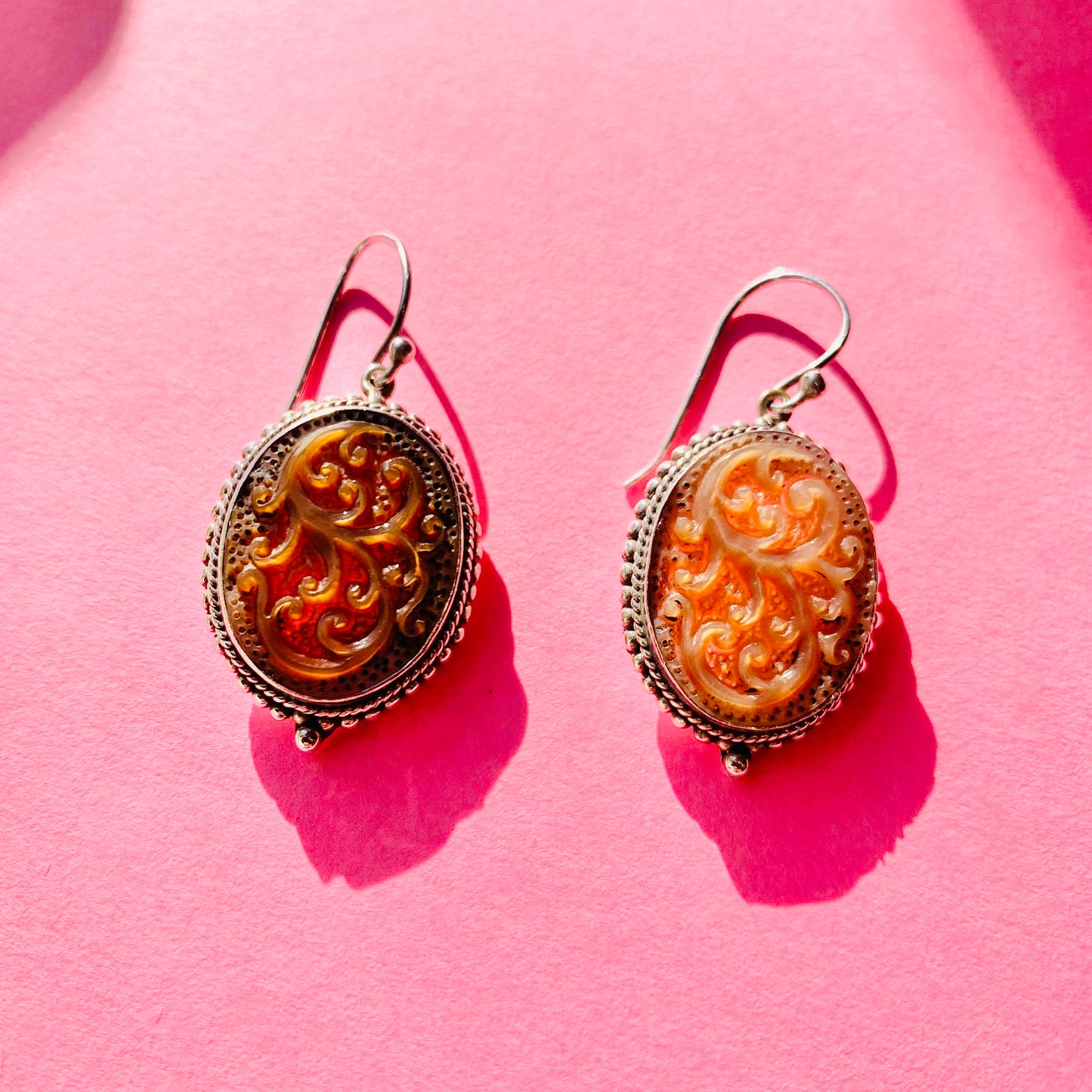 ANTIQUE SILVER CORAL CAMEO DROPLET EARRINGS