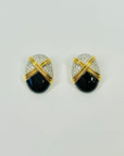 1980s BLACK ENAMEL CRISS CROSS DIAMANTE CLIP ON EARRINGS