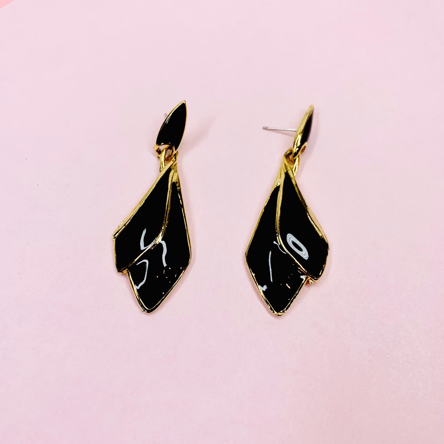 GOLD BLACK ENAMEL DROP EARRINGS