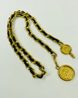 1980s CHANEL MATELASSE BLACK LEATHER GOLD PLATED MEDALLION LOGO BELT/NECKLACE