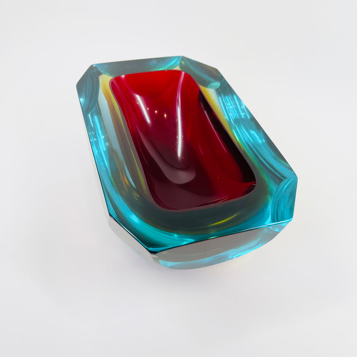 XXL 1950s RED BLUE AMBER MURANO MANDRUZZATO SOMMERSO FACETED GLASS BOWL