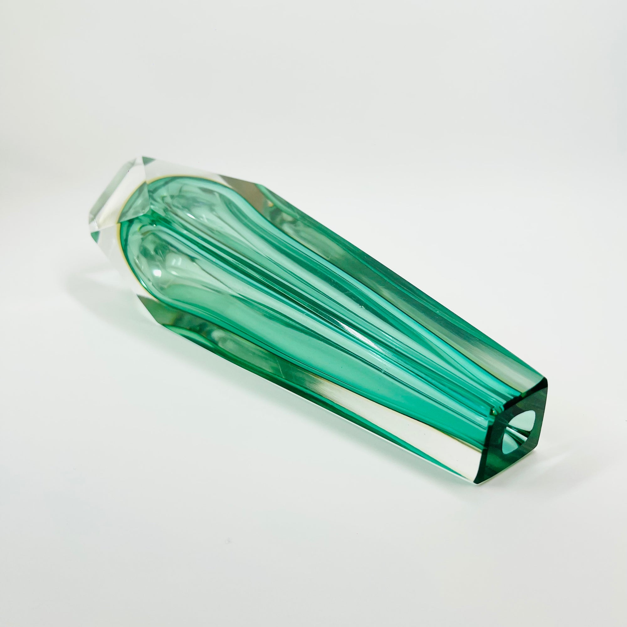 1980s TURQUOISE YELLOW SOMMERSO GLASS HEXAGON MANDRUZZATO VASE