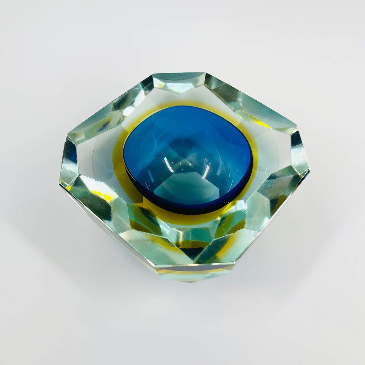 1950s MURANO MANDRUZZATO COBALT BLUE AMBER SOMMERSO DIAMOND FACETED GLASS BOWL