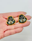 1980s HERMES BLACK ART NOUVEAU STYLE FLOWERS CLOISONNE CLIP ON EARRINGS
