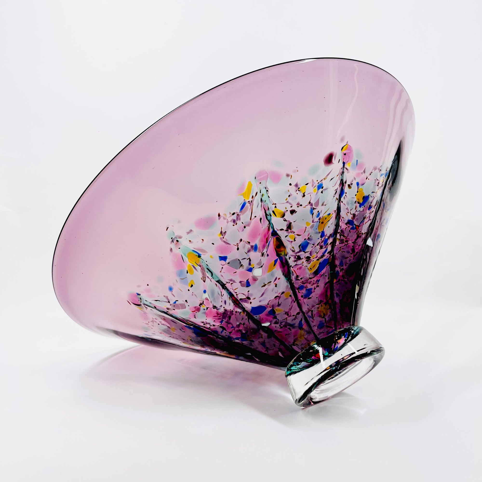 1990s AUSTRALIAN MOUTH BLOWN PINK PURPLE SPATTER ART GLASS BOWL BY MATT LARWOOD