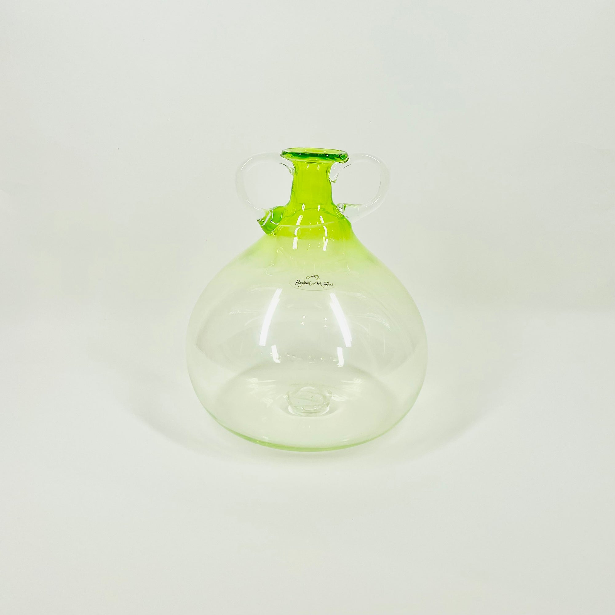 1990s HAND MADE HOGLUND GREEN OMBRE GLASS AMPHORA VASE/JUG