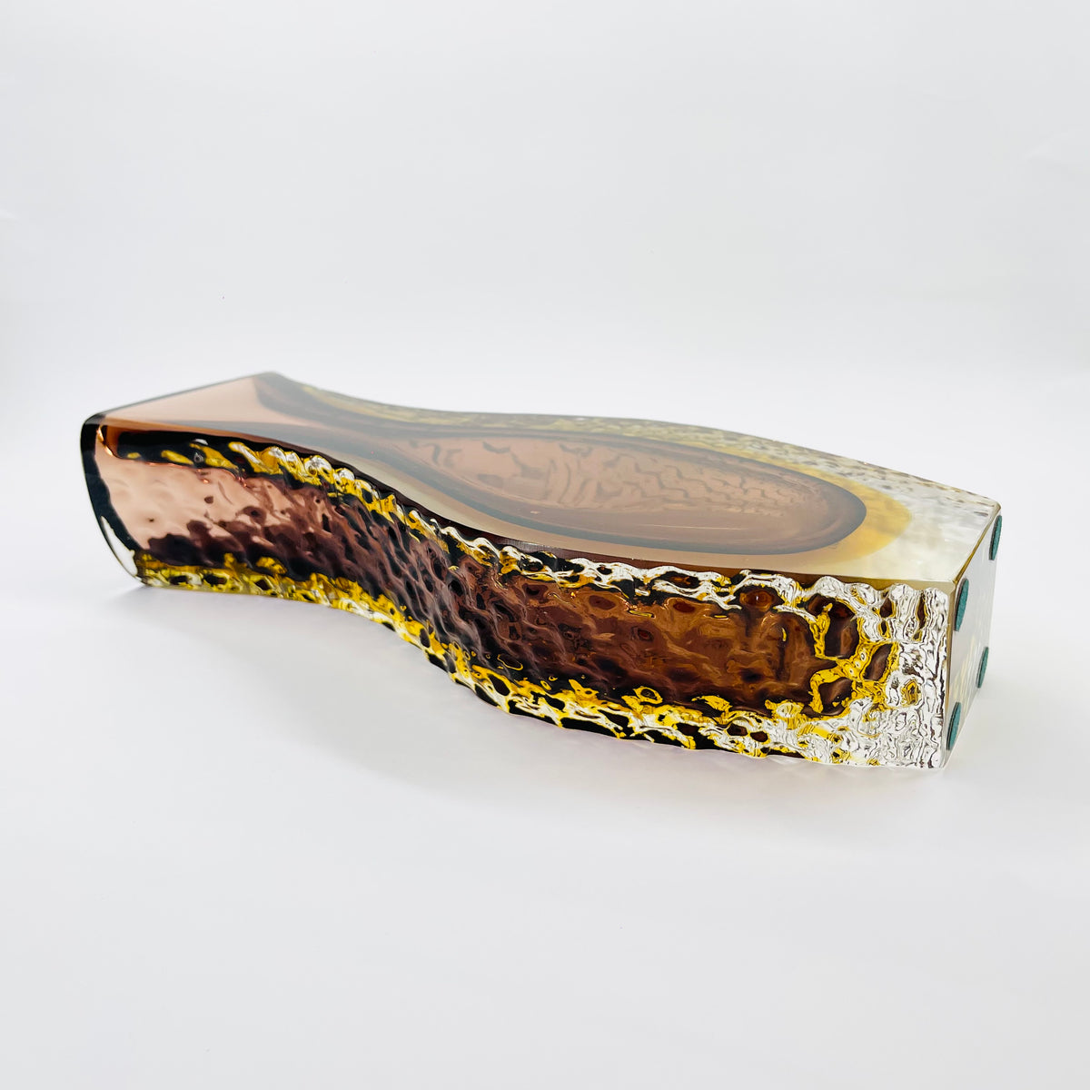 XL 1960s BROWN PURPLE AMBER TEXTURED MURANO SOMMERSO FACETED GLASS BLOCK VASE