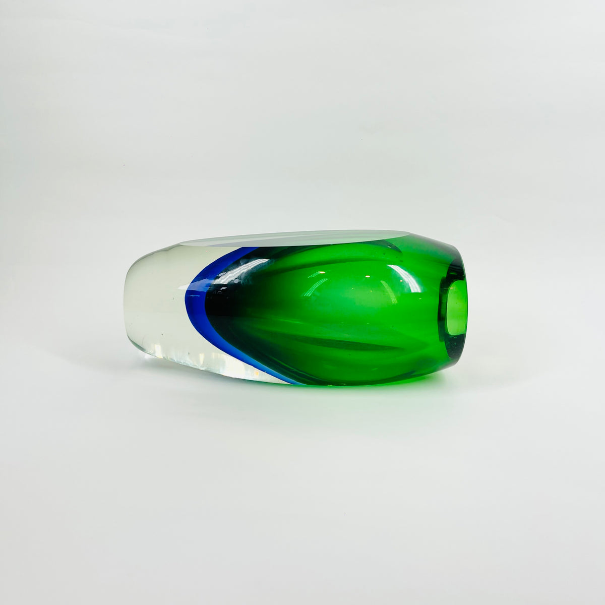 1960s GREEN BLUE HARLEQUIN MURANO SOMMERSO FACETED GLASS BLOCK VASE