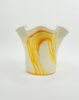 1970s ITALIAN CASED WHITE GLASS ORANGE SWIRLS RUFFLE RIM VASE