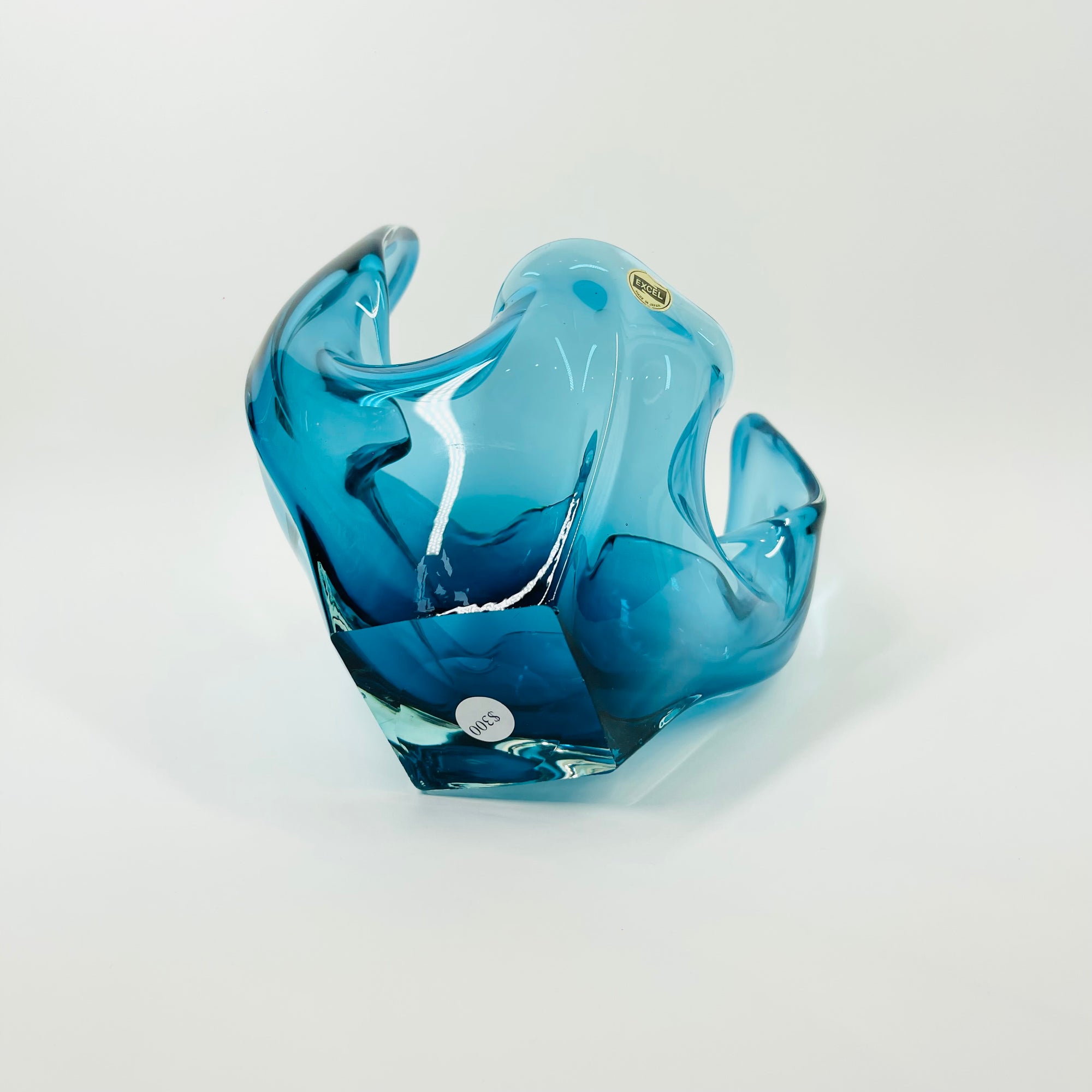 1970s JAPANESE TURQUOISE BLUE SOMMERSO GLASS FLAME HANDKERCHIEF VASE/BOWL