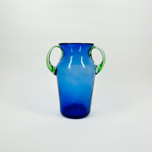 1950s BLUE MURANO GLASS VASE WITH GREEN HANDLES