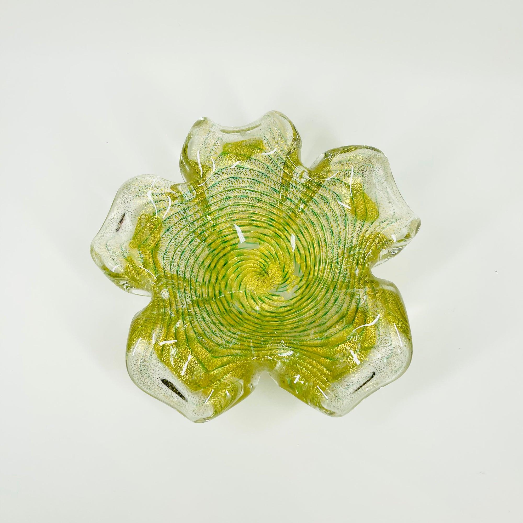 1940s MURANO BAROVIER GOLD AVENTURRINE LATTICINO SOMMERSO GLASS FLOWER PINCHED BOWL