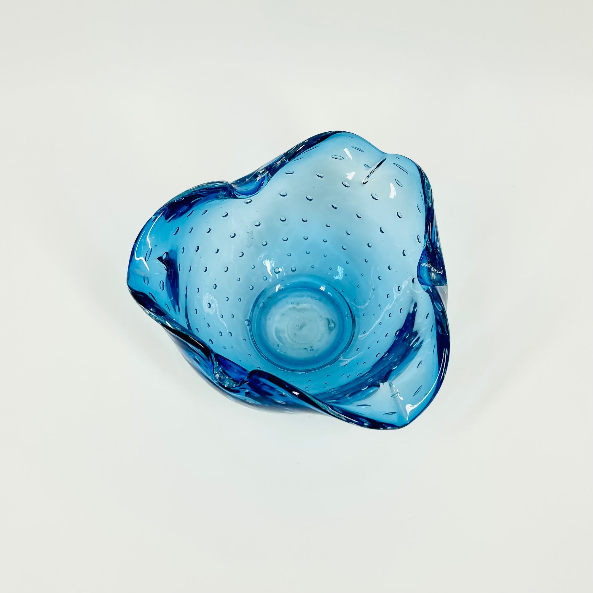 1950s MURANO BLUE GLASS PINCHED BOWL/ASHTRAY WITH CONTROLLED BUBBLES