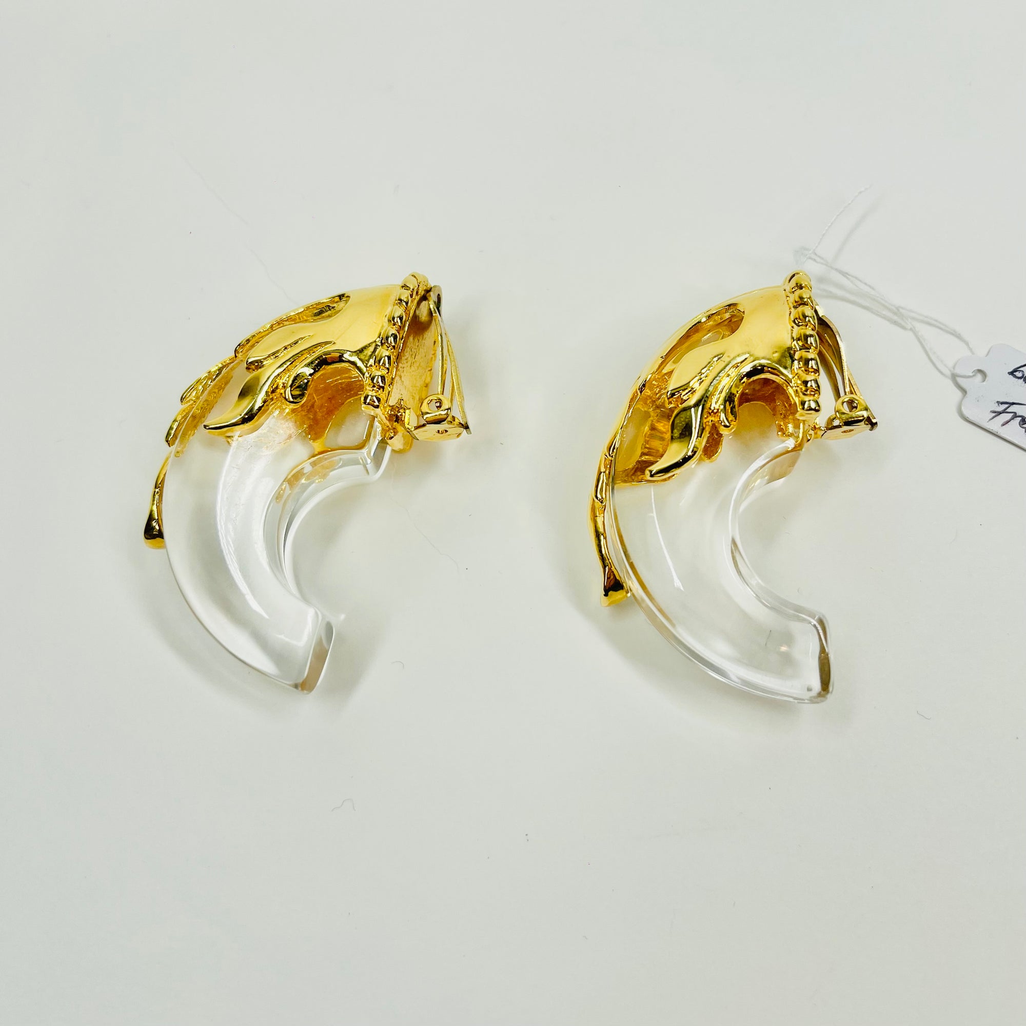 LARGE 1980s GOLD PLATED LUCITE CLIP ON EARRINGS