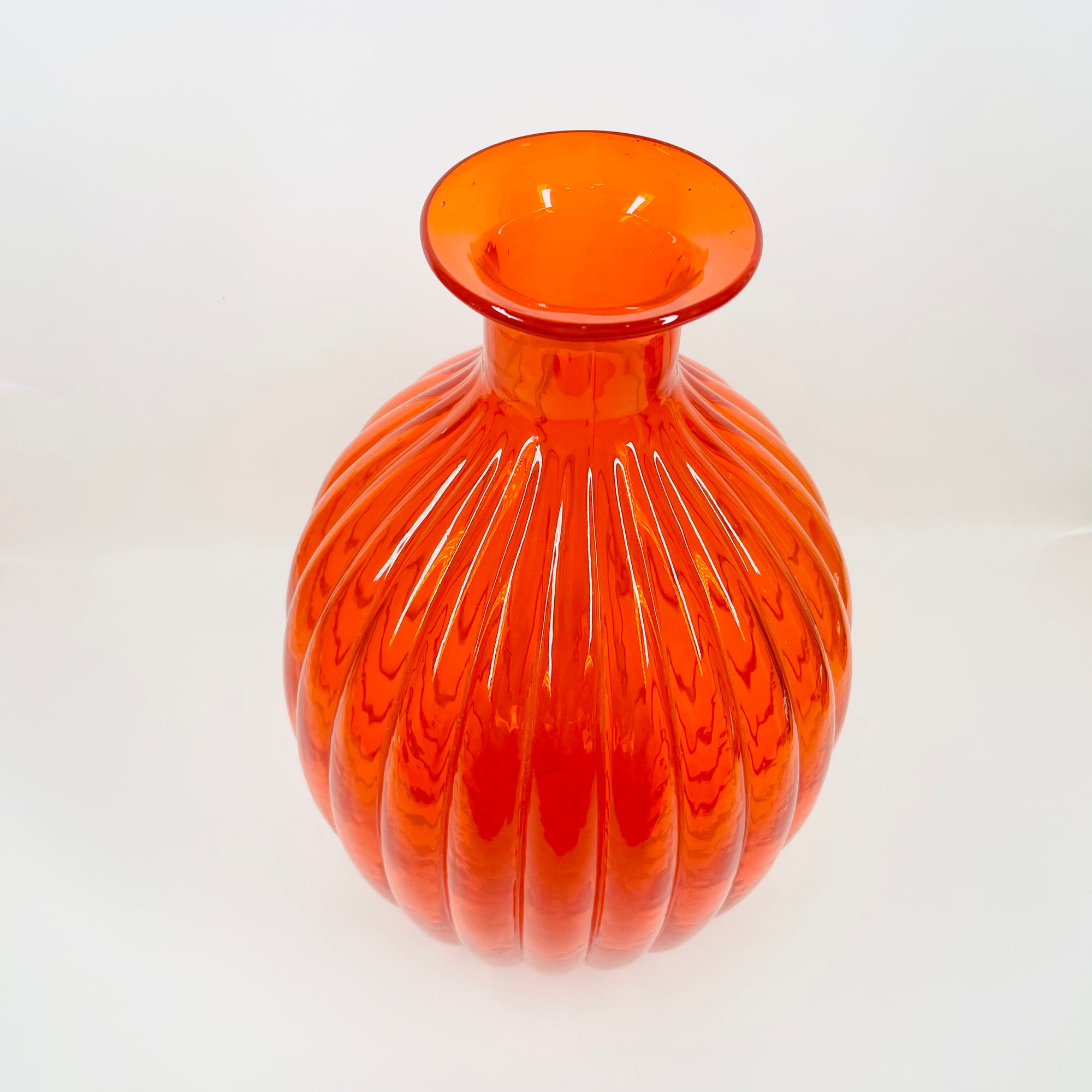 1970s ITALIAN EMPOLI ORANGE RIBBED GLASS OBLONG BOTTLE VASE