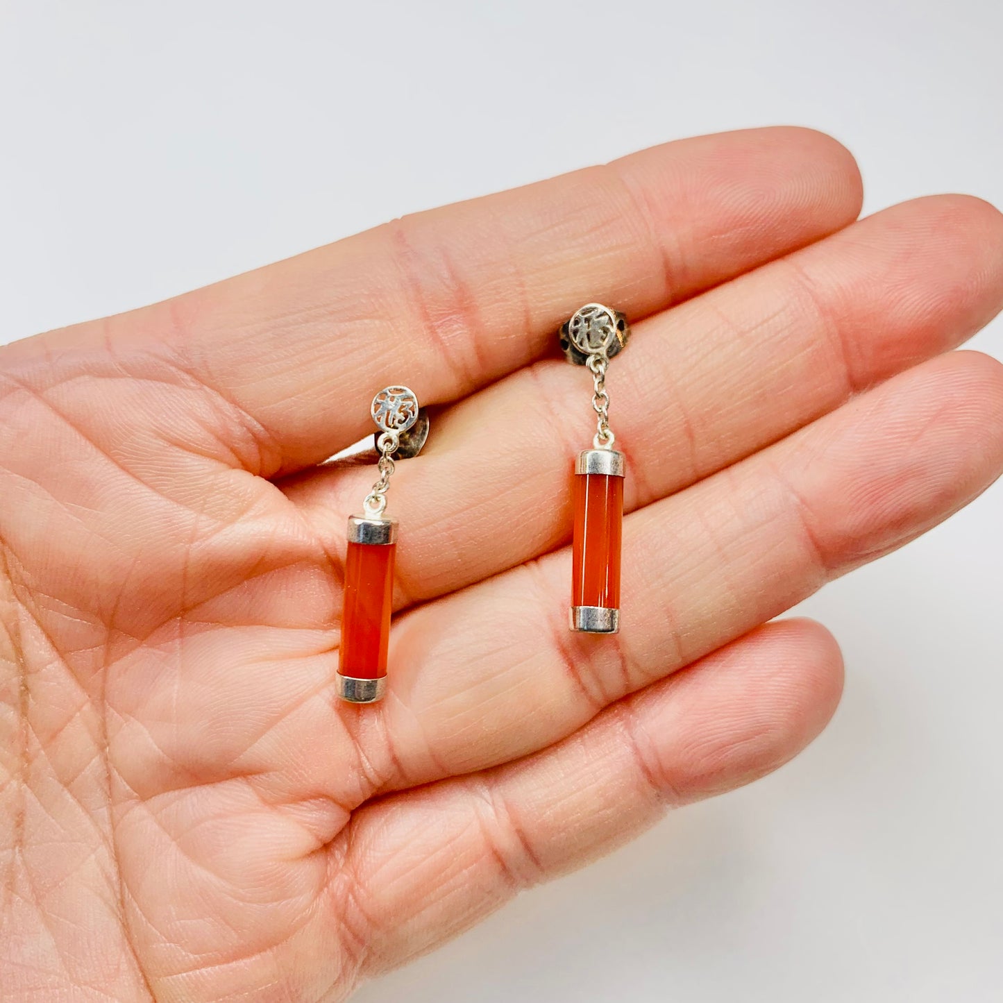 ANTIQUE SILVER RED JADE EARRINGS