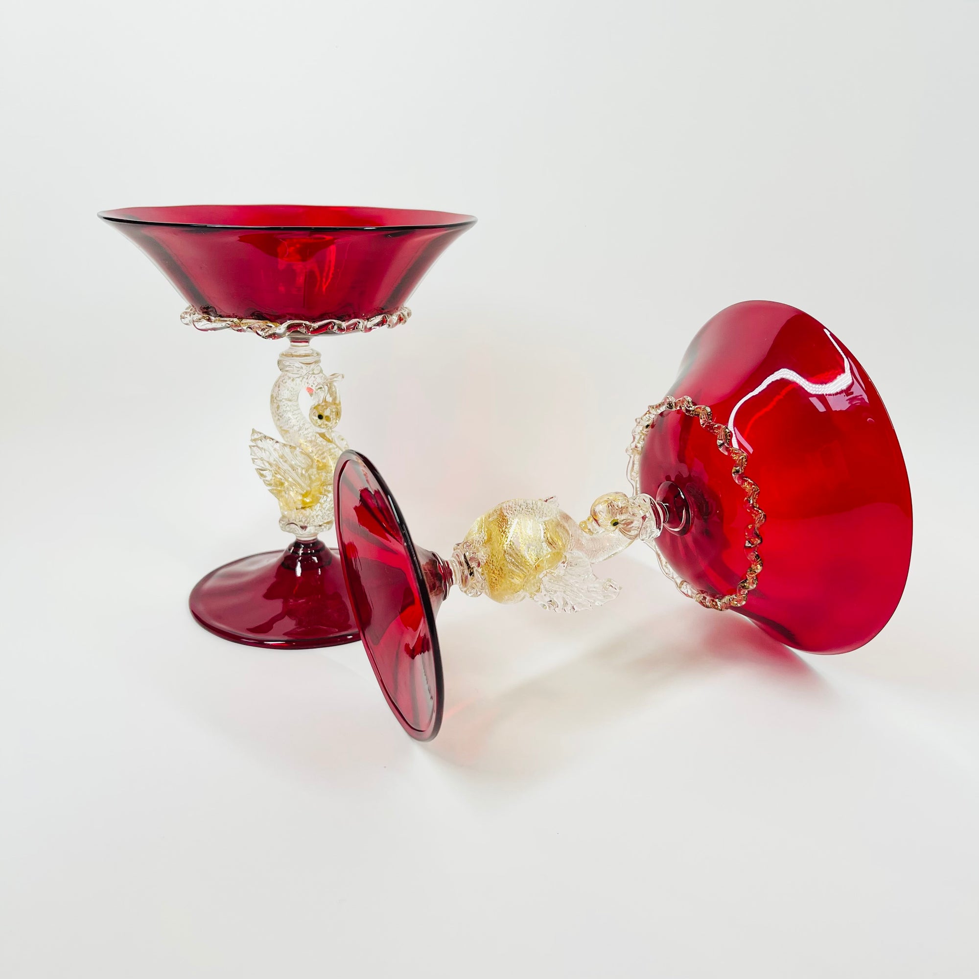 1950s SALVIATI VENETIAN RED RUBY GOLD AVENTURINE SWAN STEM GLASSES