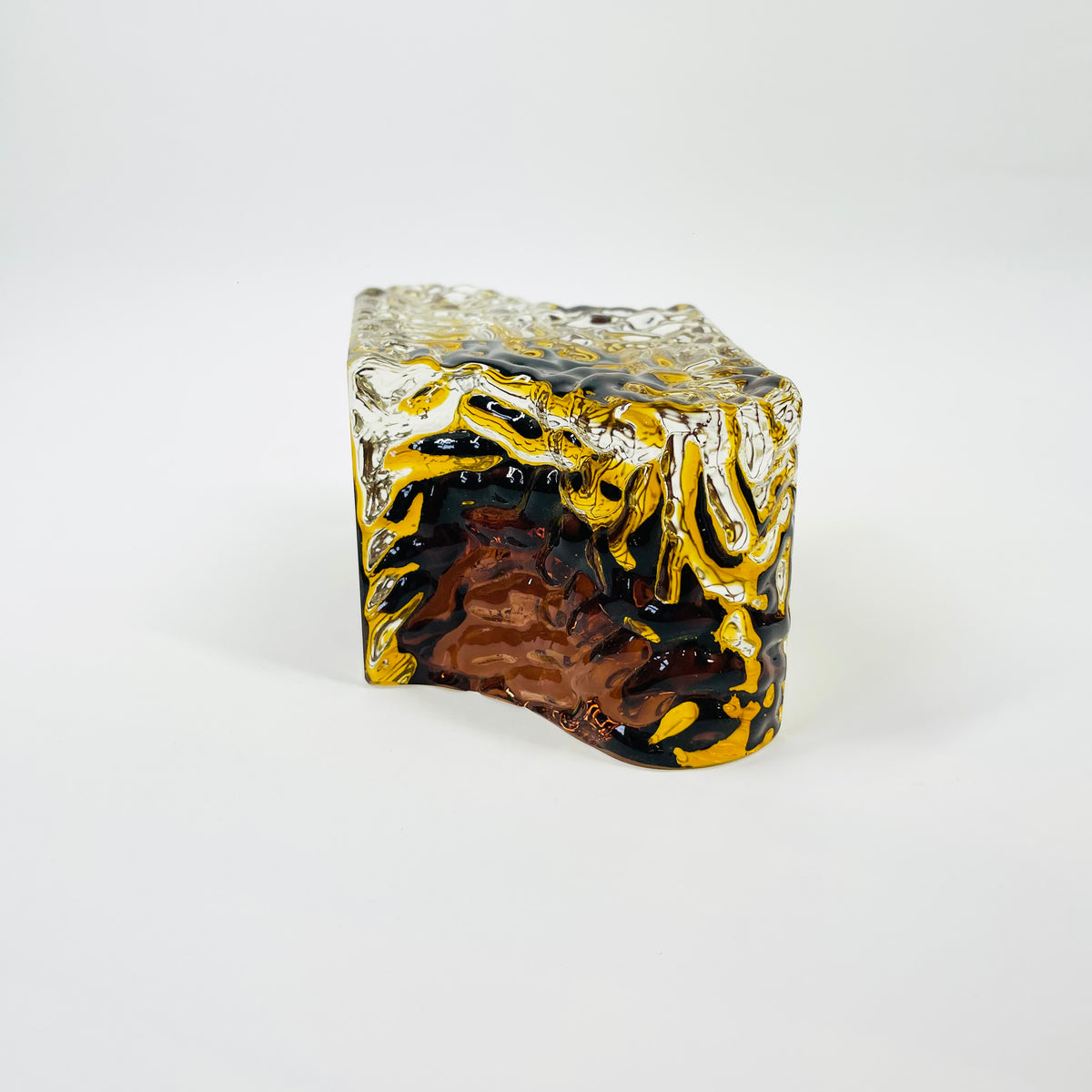 1960s BROWN PURPLE AMBER TEXTURED MURANO SOMMERSO FACETED GLASS BLOCK BOWL/ASHTRAY