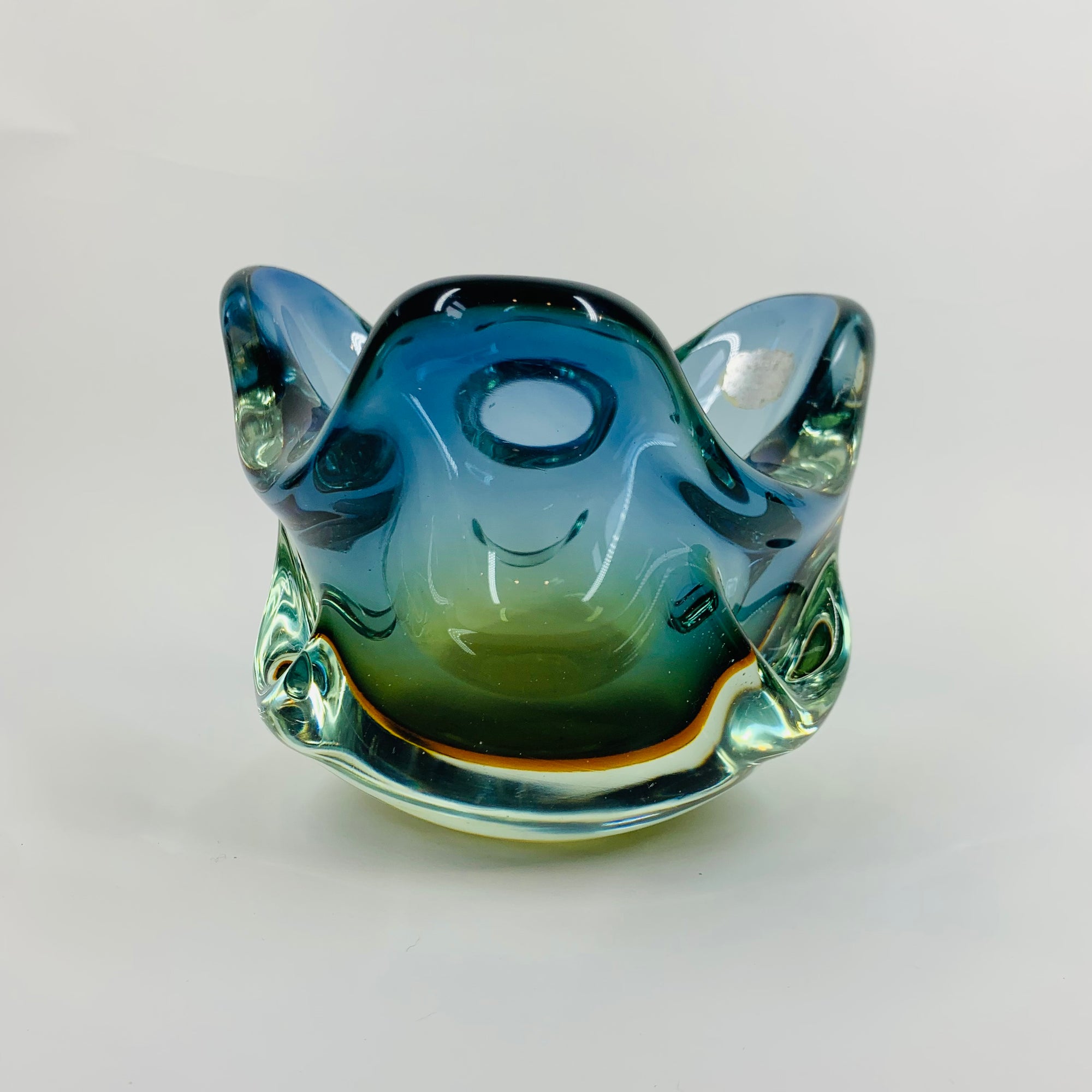 MCM BLUE GREEN MURANO SOMMERSO PINCHED GLASS BOWL/ASHTRAY