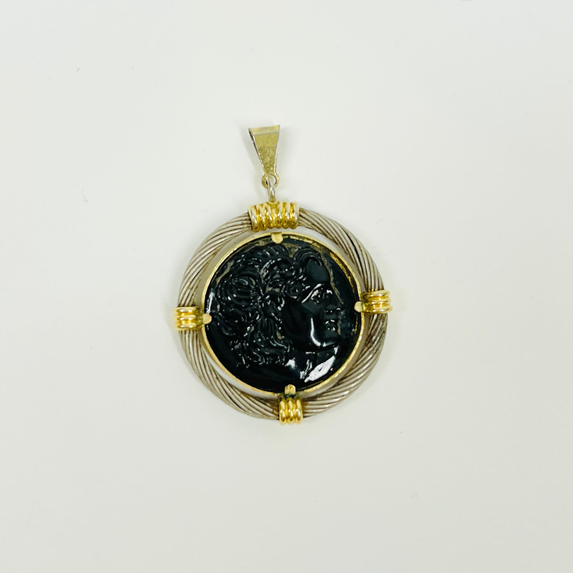 1920s CINER BLACK GLASS CAMEO OF ALEXANDER THE GREAT PENDANT