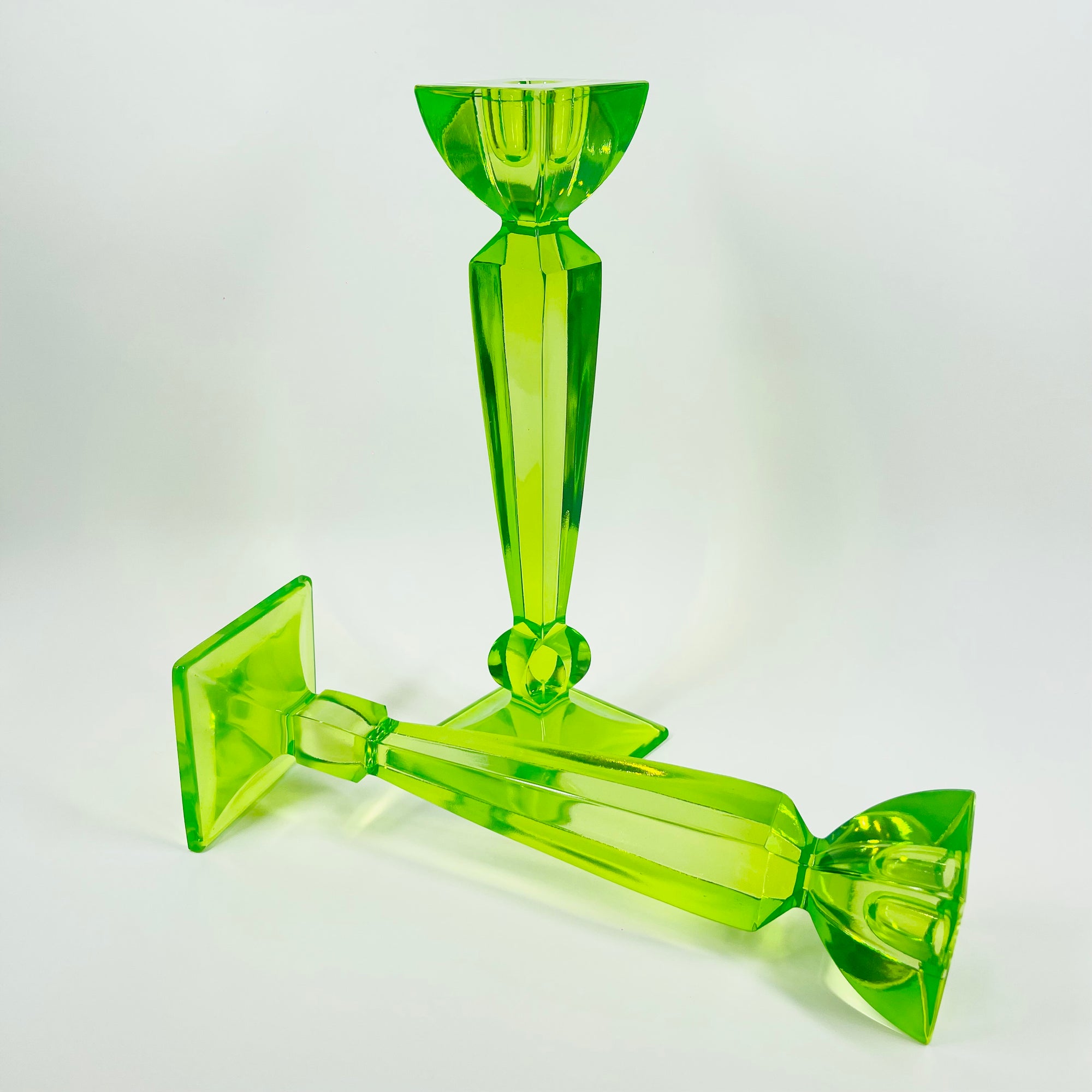 ART DECO URANIUM GLASS CANDLE STICKS