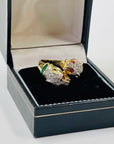 1950s 14K YELLOW GOLD DIAMOND EMERALD DOUBLE PANTHER HEADS RING WITH RUBY EYES