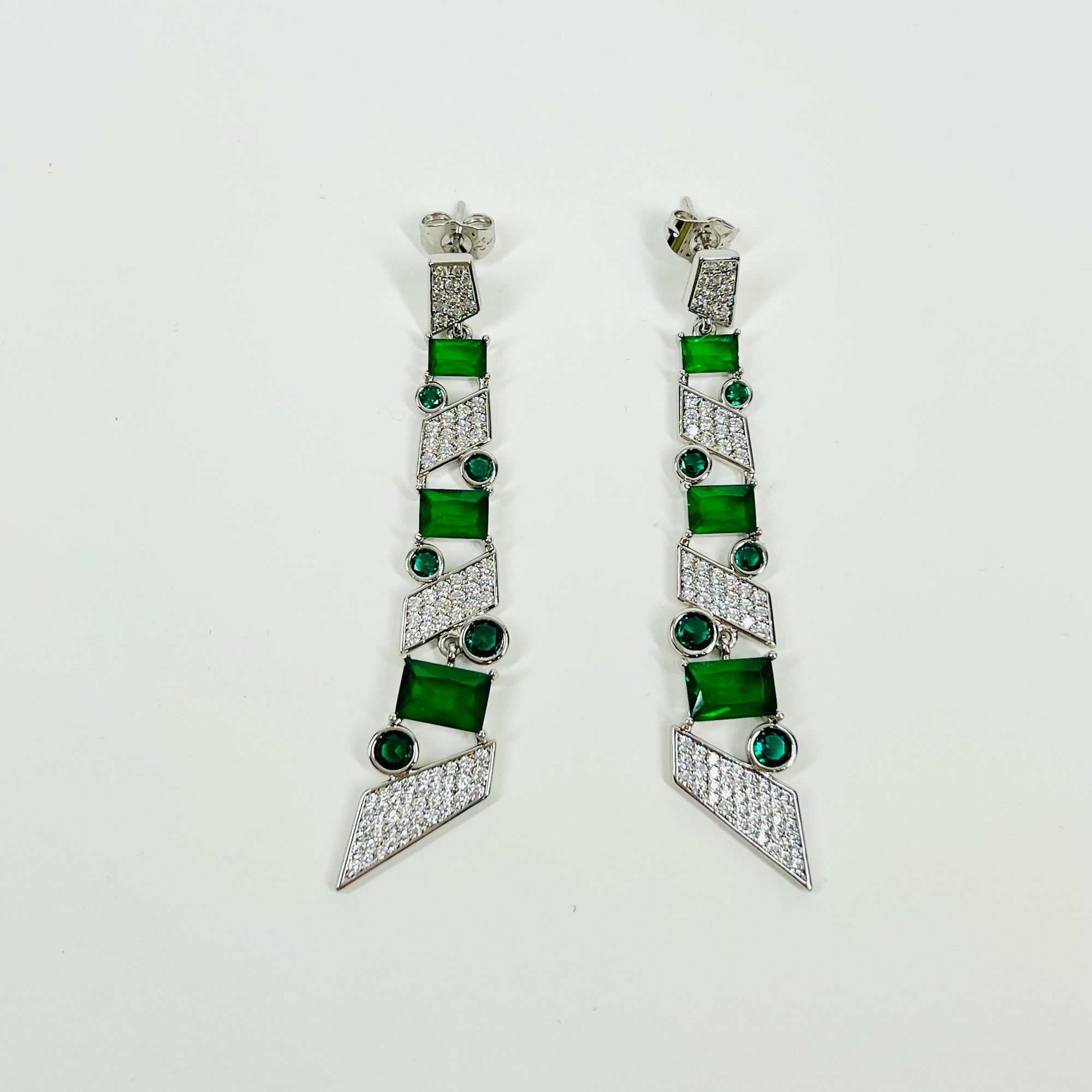 VINTAGE ART DECO STYLE GP COSTUME GREEN DIAMONTE DROP PIERCED EARRINGS
