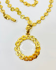 1980s CHANEL FLOWER STAR ETCHED LINKS CC LOGO MEDALLION GLASS LOUPE PENDANT NECKLACE/BELT