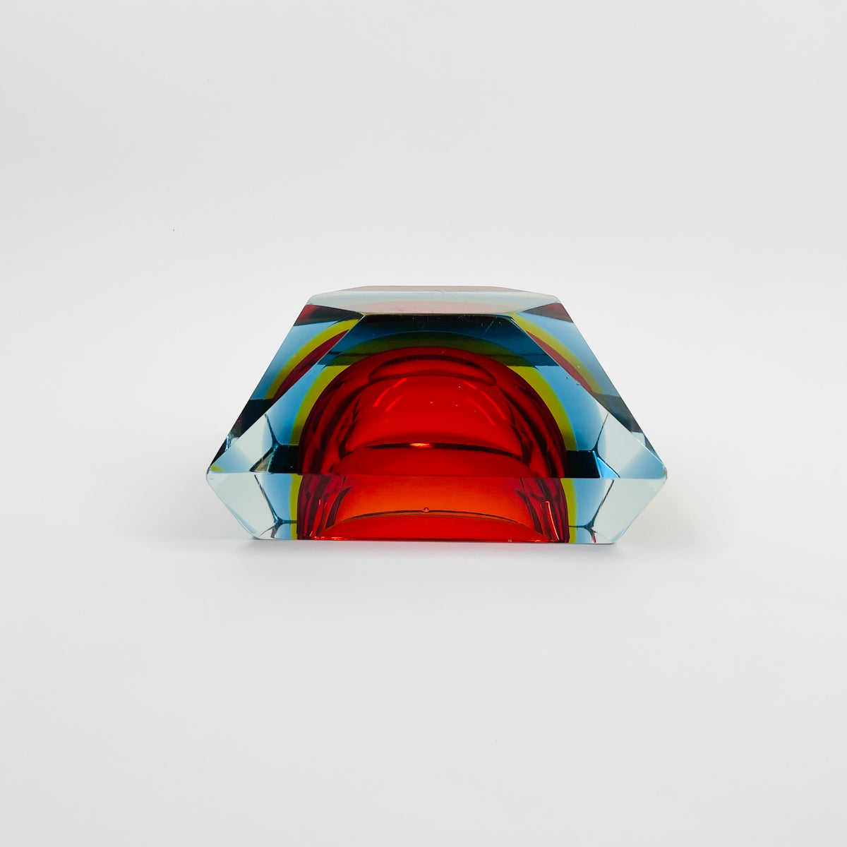 1950s MURANO RUBY BLUE YELLOW SOMMERSO FACETED RECTANGULAR GLASS BOWL