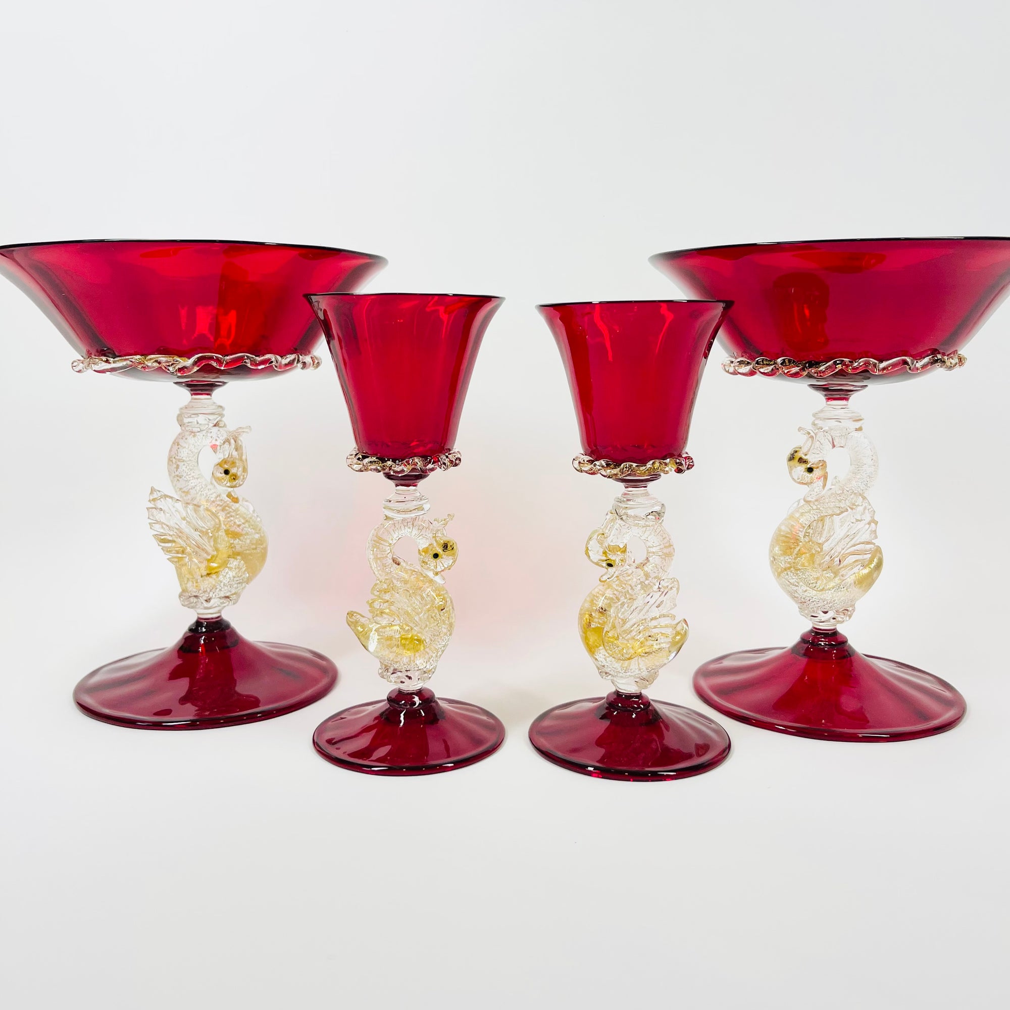 1950s SALVIATI VENETIAN RED RUBY GOLD AVENTURINE SWAN STEM GLASSES