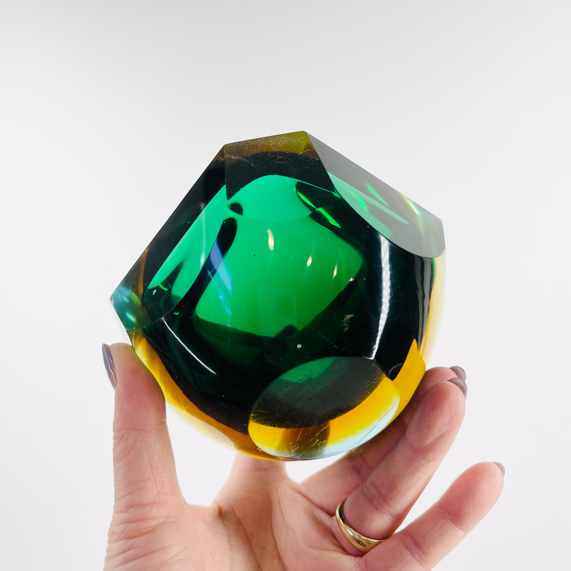 1950s FACETED MURANO GREEN BLUE GOLD GEODE BOWL