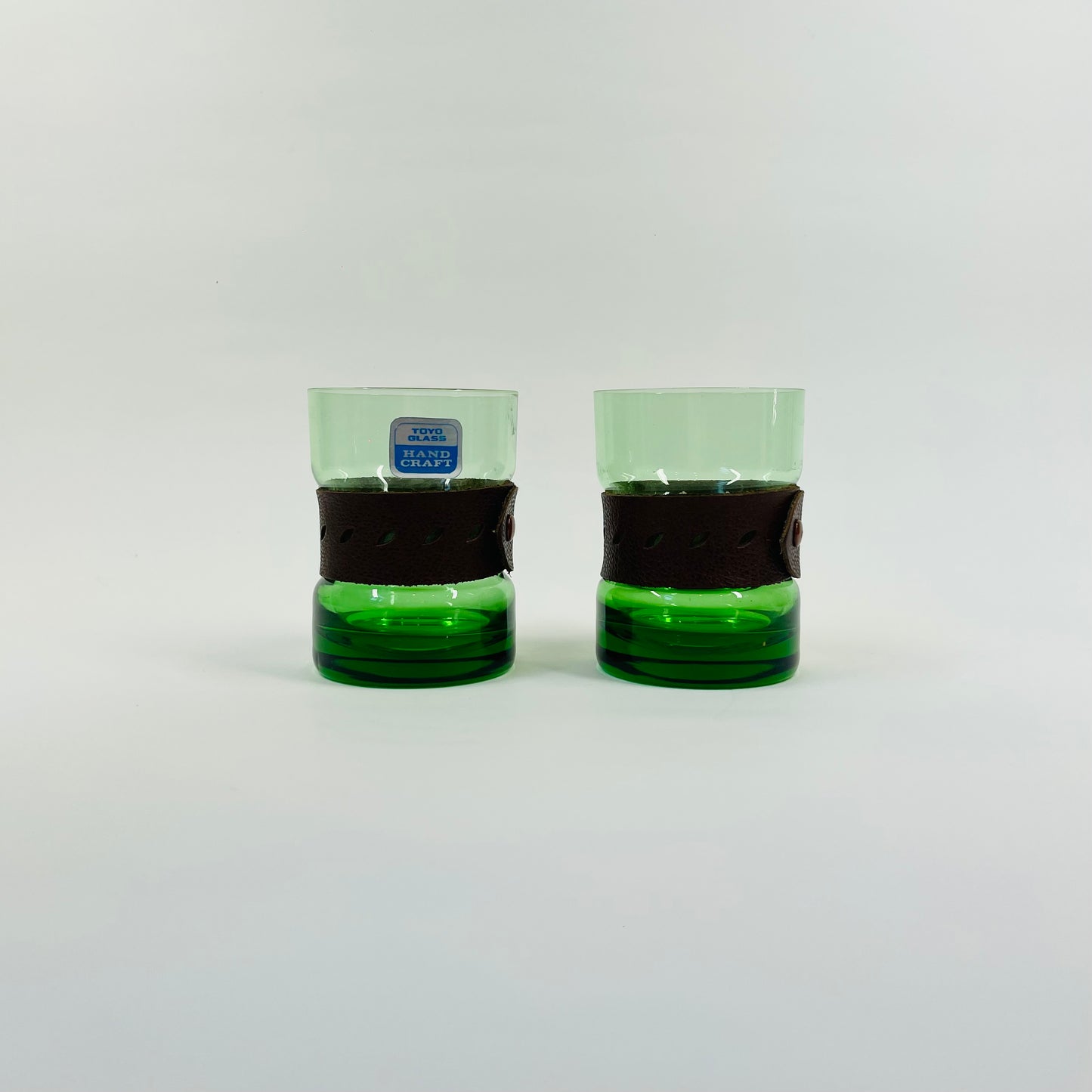 70s JAPANESE GREEN GLASS TUMBLERS WOTH LEATHER SLEEVES