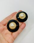 1980s LARGE BLACK ENAMEL PEARL CLIP ON EARRINGS