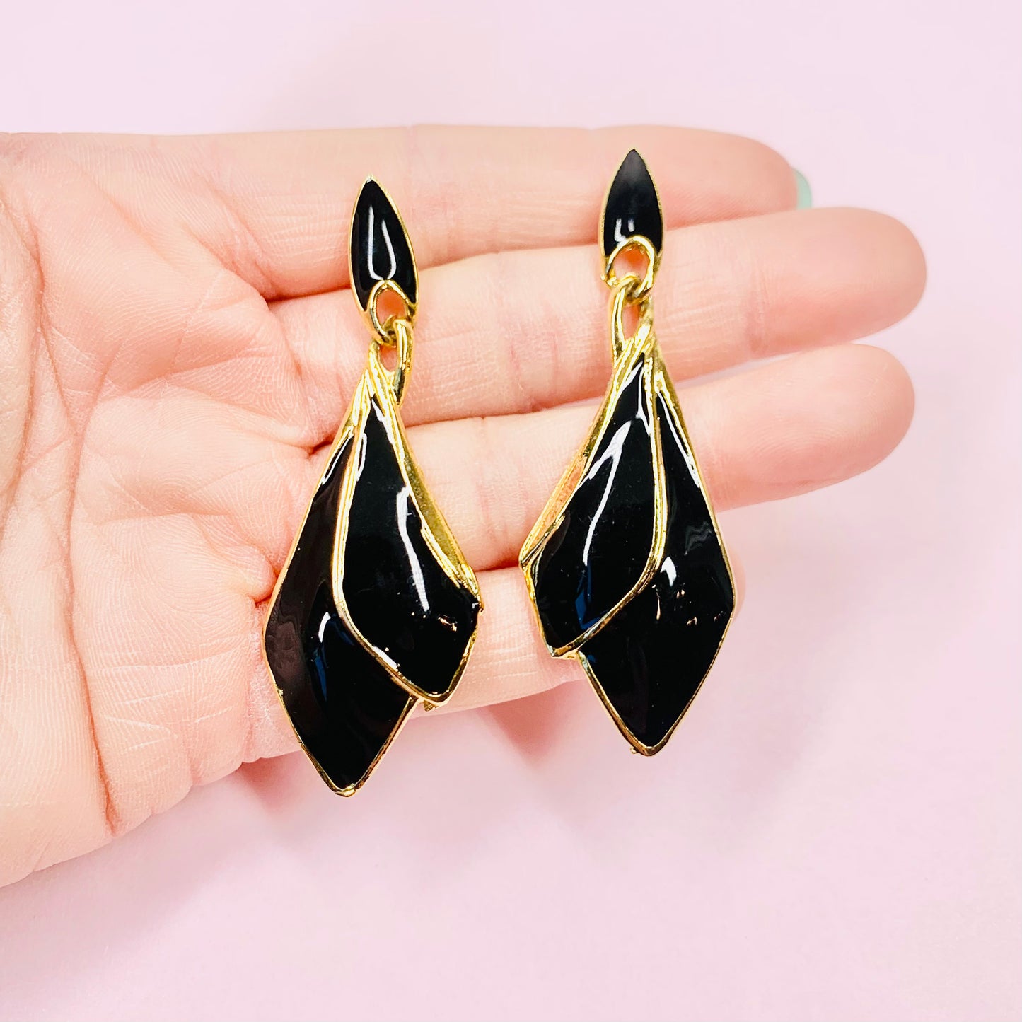 GOLD BLACK ENAMEL DROP EARRINGS