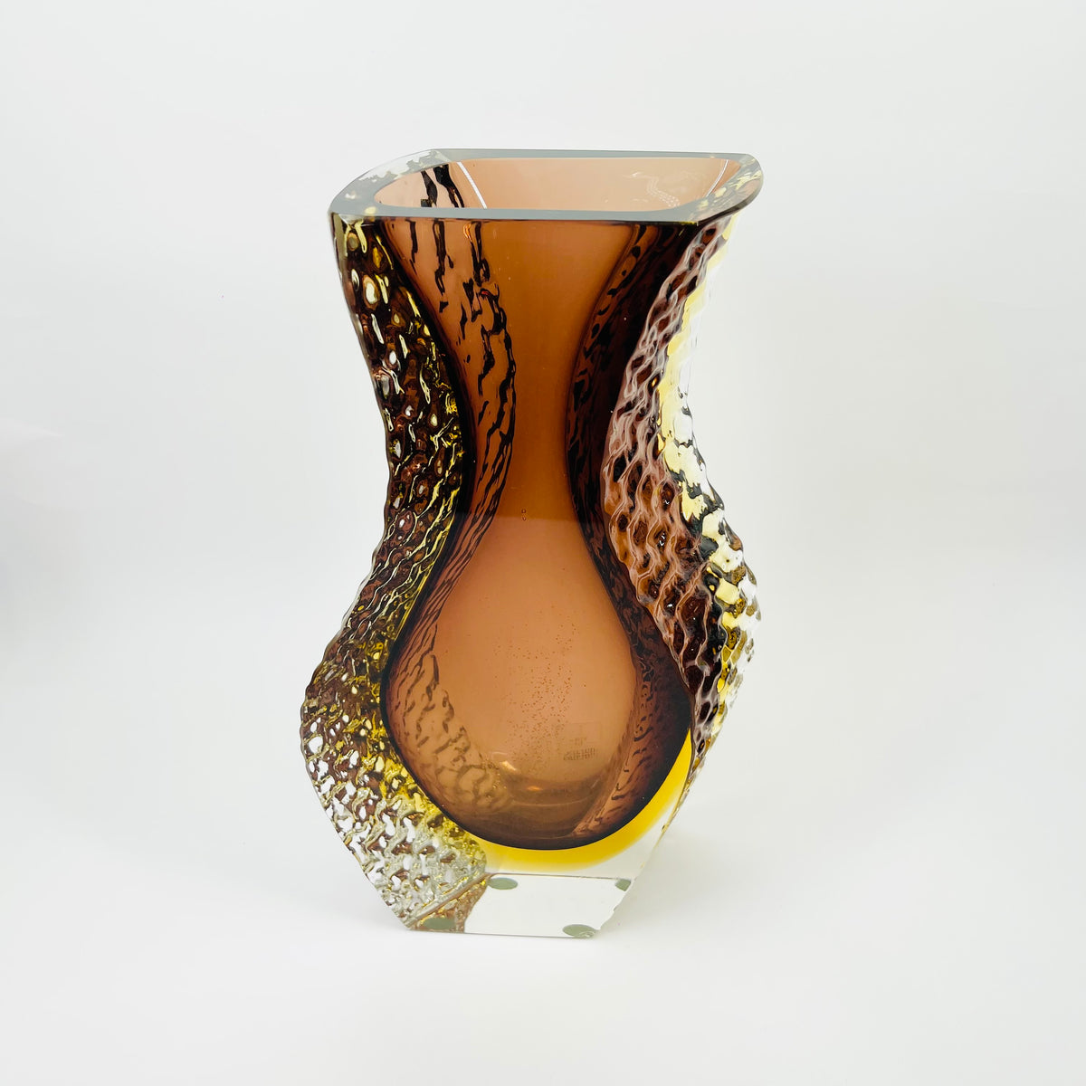 XL 1960s BROWN PURPLE AMBER TEXTURED MURANO SOMMERSO FACETED GLASS BLOCK VASE