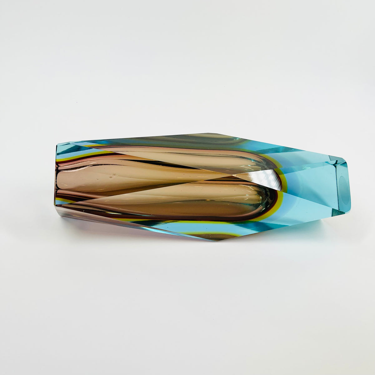 1960s BROWN YELLOW TURQUOISE MURANO SOMMERSO FACETED GLASS BLOCK VASE