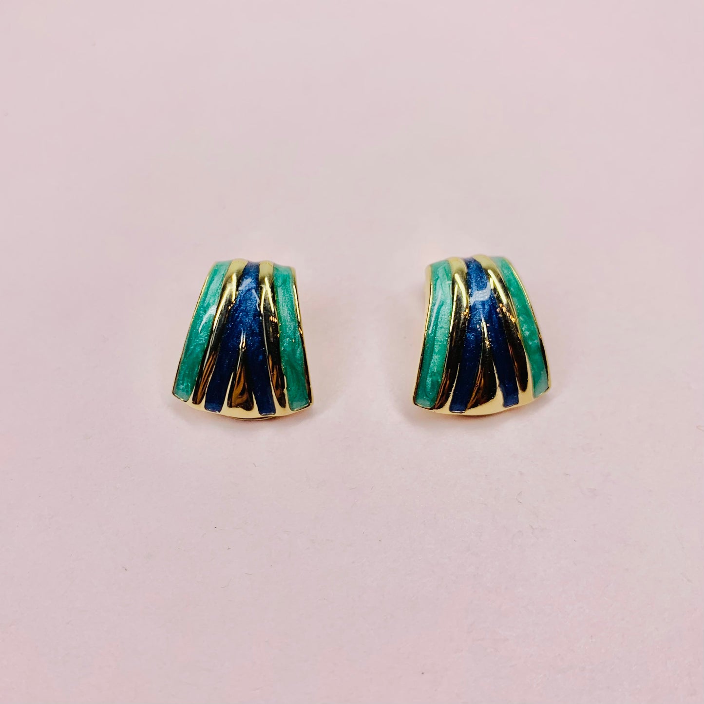 70s GREEN BLUE ENAMEL FAN EARRINGS