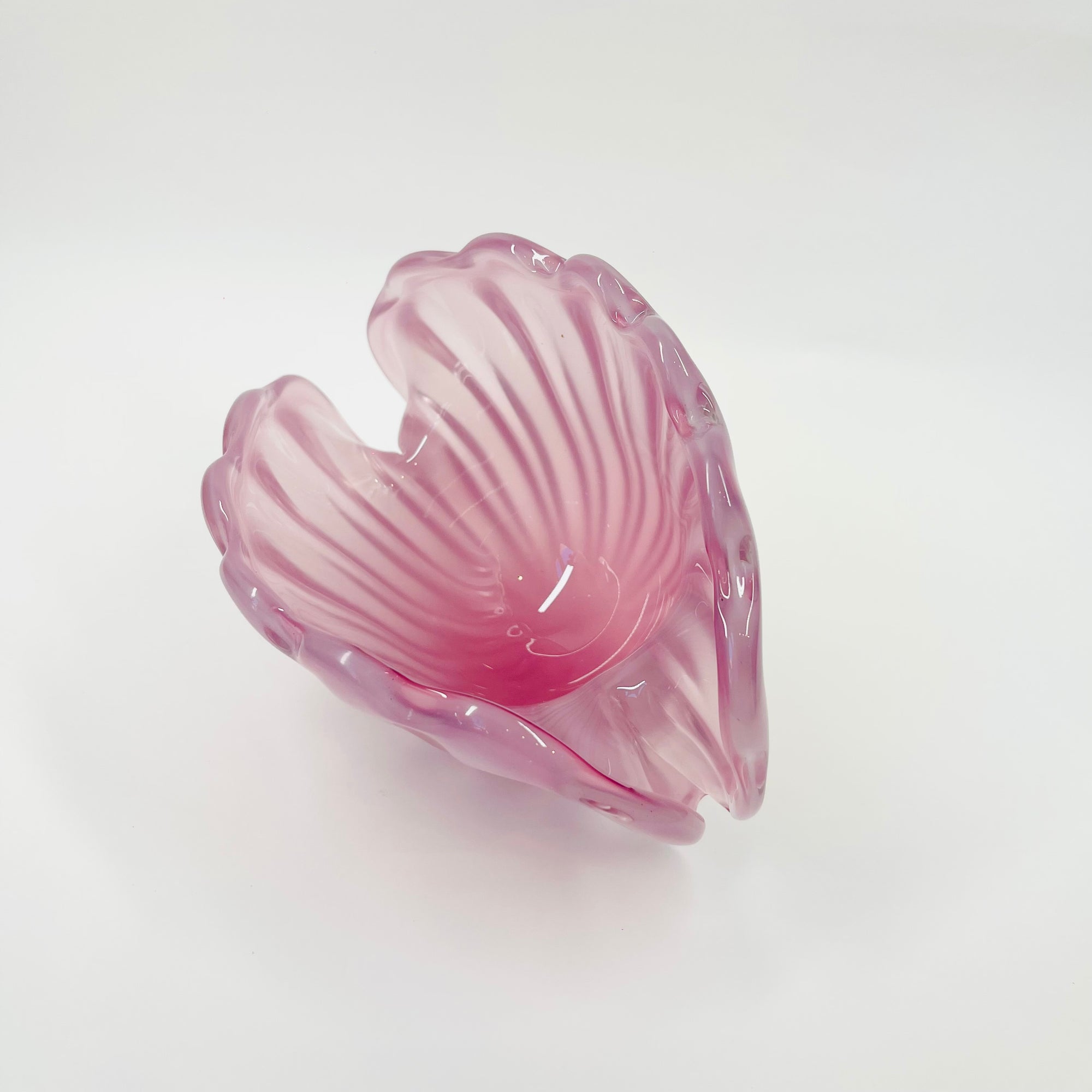 1950s PINK MURANO RIBBED OPALINE GLASS SHELL BOWL (MEDIUM)
