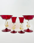 1950s SALVIATI VENETIAN RED RUBY GOLD AVENTURINE SWAN STEM GLASSES