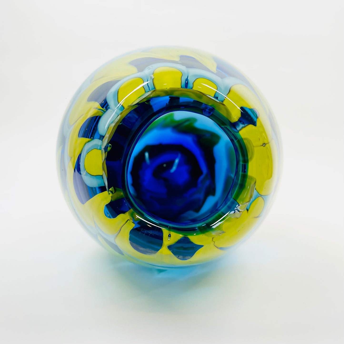 1980s MURANO BLUE YELLOW SWIRLS GLASS VASE