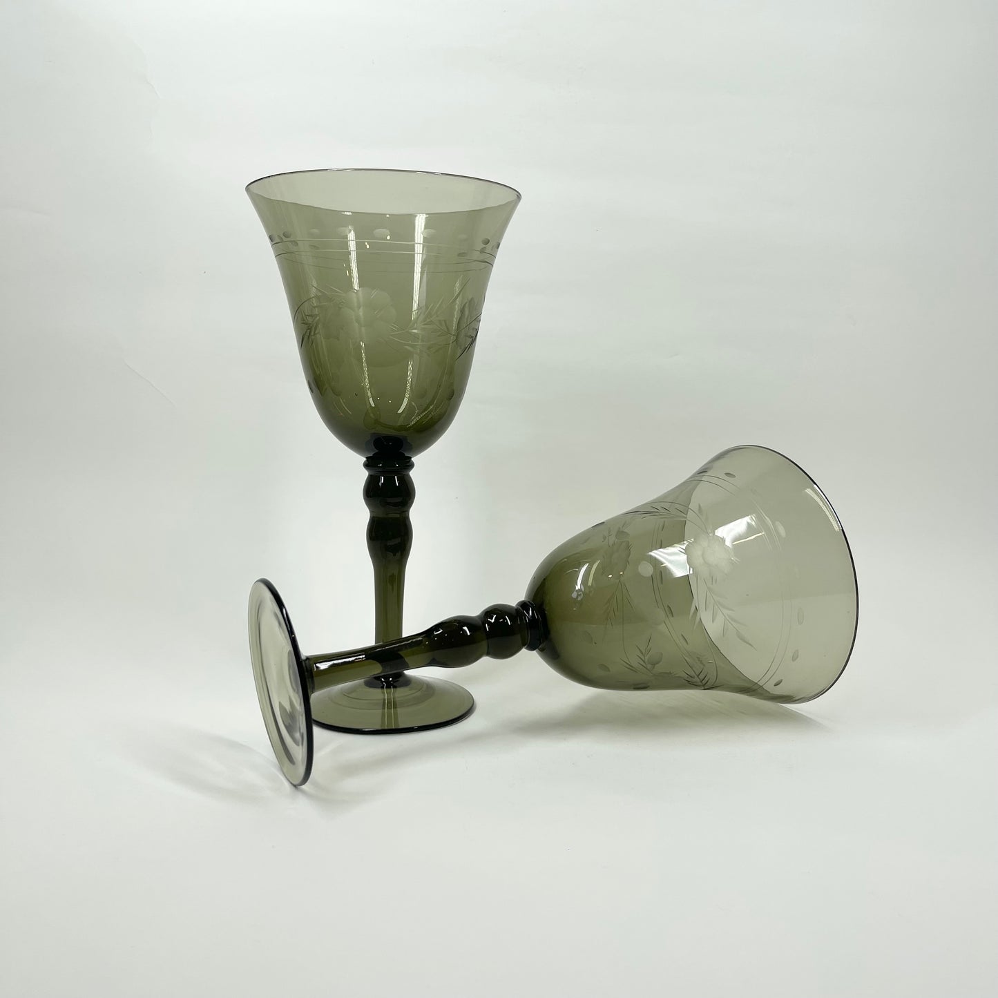 LARGE 1950s ETCHED GREY GOBLET GLASSES